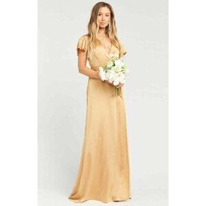 Show Me Your Mumu Dress Noelle Gold Satin Wrap maxi Long Dress SZ S NWT